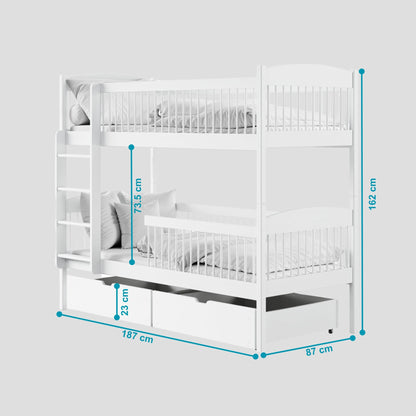 Hochbett Kinder, Etagenbett, Kinderbett | Massives Kiefernholz, 2 Schubladen, sicher & funktional | Größen: 80x180, 90x190, 90x200 cm