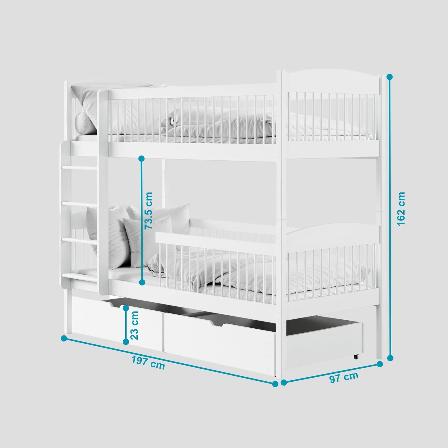 Hochbett Kinder, Etagenbett, Kinderbett | Massives Kiefernholz, 2 Schubladen, sicher & funktional | Größen: 80x180, 90x190, 90x200 cm