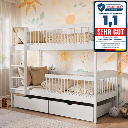 Hochbett Kinder, Etagenbett, Kinderbett | Massives Kiefernholz, 2 Schubladen, sicher & funktional | Größen: 80x180, 90x190, 90x200 cm