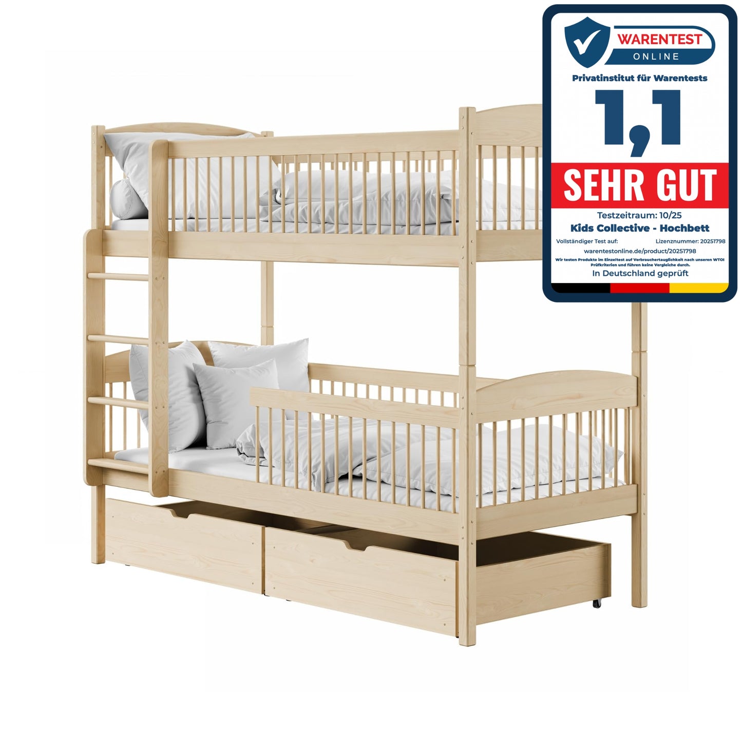Hochbett Kinder, Etagenbett, Kinderbett | Massives Kiefernholz, 2 Schubladen, sicher & funktional | Größen: 80x180, 90x190, 90x200 cm