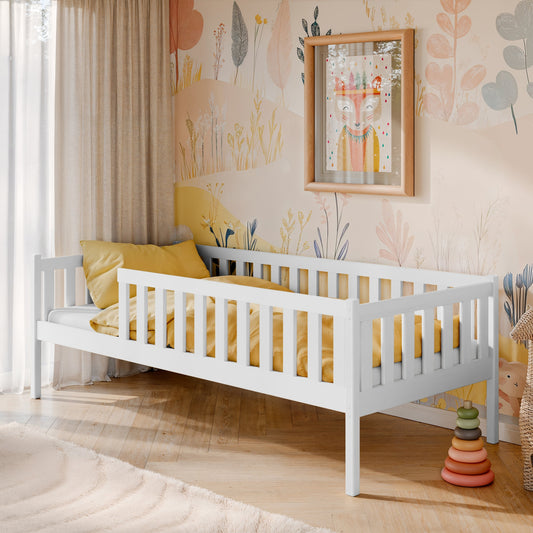 Kinderbett mit Rausfallschutz, Lattenrost und optionaler Matratze, Kinder Bett | sicher & stabil | weitere Größen: 80x160, 80x180, 90x190, 90x200 cm | erhältlich in weiß und natur | mit optionalem Ausziehbett und optionalem zwei Schubladen