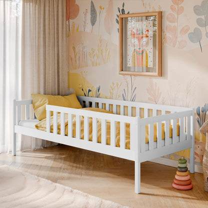 Kinderbett mit Rausfallschutz, Lattenrost und optionaler Matratze, Kinder Bett | sicher & stabil | weitere Größen: 80x160, 80x180, 90x190, 90x200 cm | erhältlich in weiß und natur | mit optionalem Ausziehbett und optionalem zwei Schubladen