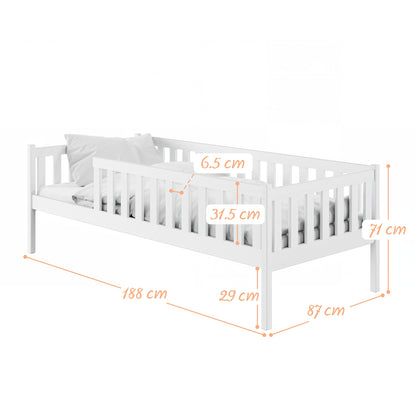 Kinderbett mit Rausfallschutz, Lattenrost und optionaler Matratze, Kinder Bett | sicher & stabil | weitere Größen: 80x160, 80x180, 90x190, 90x200 cm | erhältlich in weiß und natur | mit optionalem Ausziehbett und optionalem zwei Schubladen