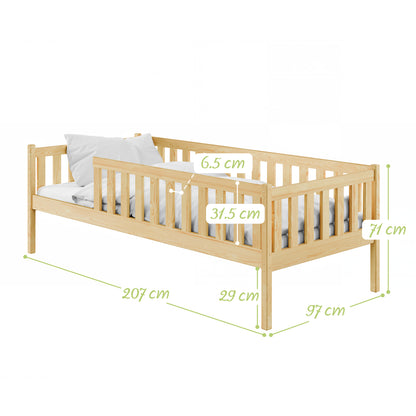 Kinderbett mit Rausfallschutz, Lattenrost und optionaler Matratze, Kinder Bett | sicher & stabil | weitere Größen: 80x160, 80x180, 90x190, 90x200 cm | erhältlich in weiß und natur | mit optionalem Ausziehbett und optionalem zwei Schubladen