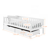 Kinderbett mit Rausfallschutz, Lattenrost und optionaler Matratze, Kinder Bett | sicher & stabil | weitere Größen: 80x160, 80x180, 90x190, 90x200 cm | erhältlich in weiß und natur | mit optionalem Ausziehbett und zwei optionalen Schubladen