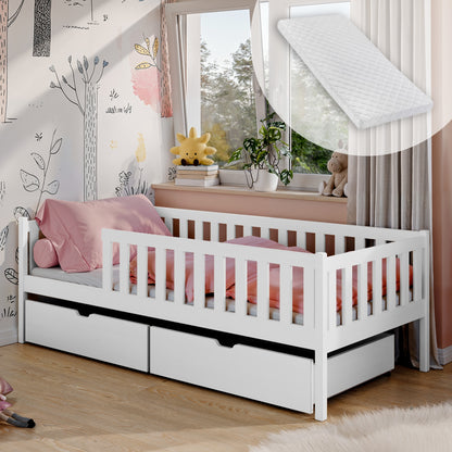 Kinderbett mit Rausfallschutz, Lattenrost und optionaler Matratze, Kinder Bett | sicher & stabil | weitere Größen: 80x160, 80x180, 90x190, 90x200 cm | erhältlich in weiß und natur | mit optionalem Ausziehbett und optionalem zwei Schubladen