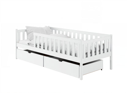 Kinderbett mit Rausfallschutz, Lattenrost und optionaler Matratze, Kinder Bett | sicher & stabil | weitere Größen: 80x160, 80x180, 90x190, 90x200 cm | erhältlich in weiß und natur | mit optionalem Ausziehbett und optionalem zwei Schubladen