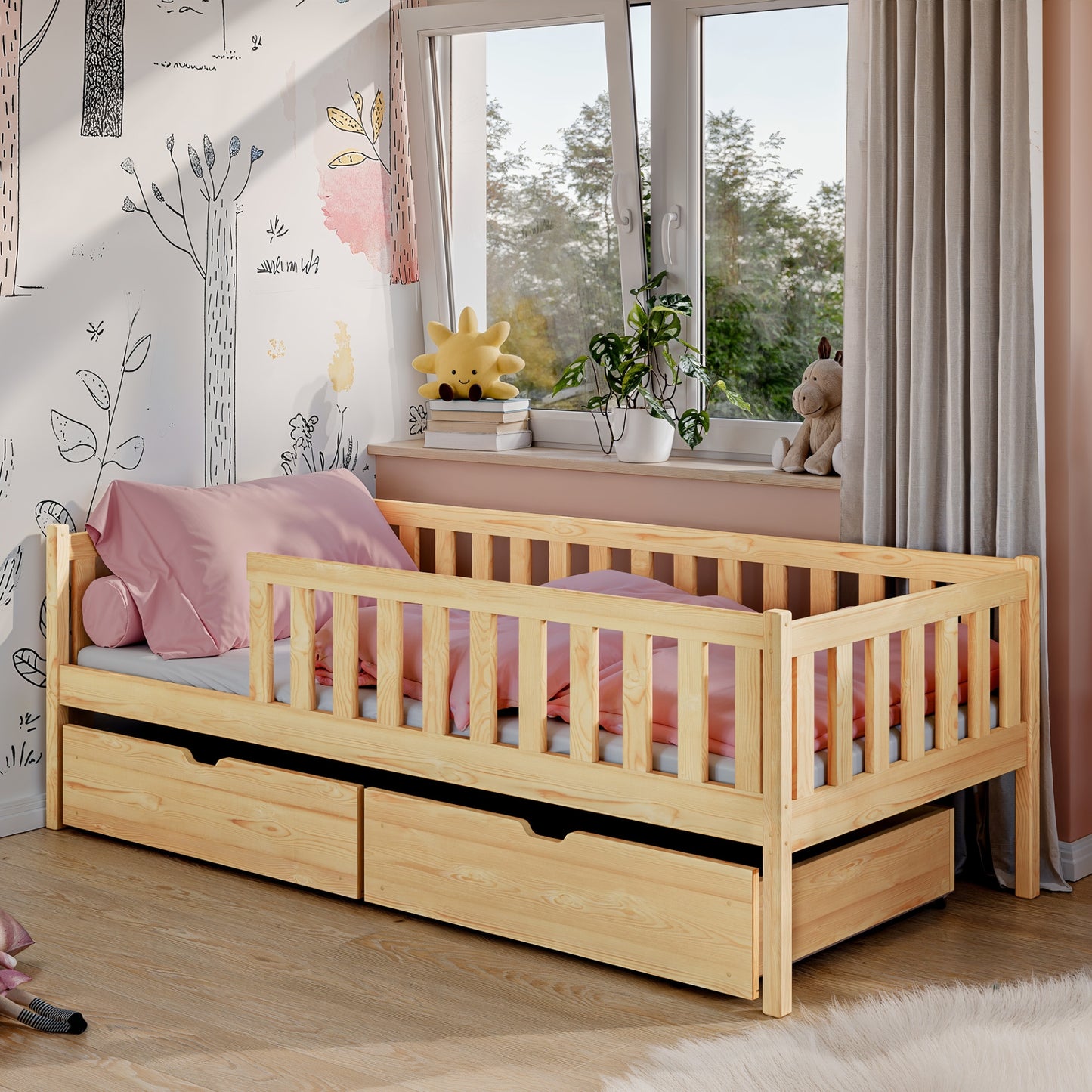 Kinderbett mit Rausfallschutz, Lattenrost und optionaler Matratze, Kinder Bett | sicher & stabil | weitere Größen: 80x160, 80x180, 90x190, 90x200 cm | erhältlich in weiß und natur | mit optionalem Ausziehbett und optionalem zwei Schubladen