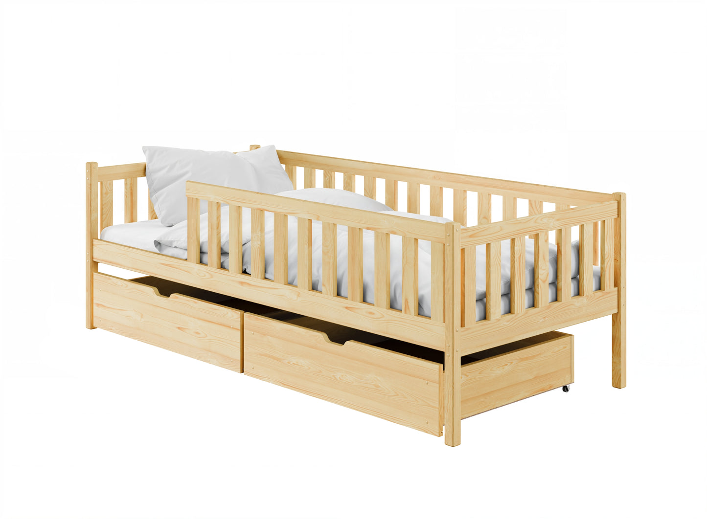 Kinderbett mit Rausfallschutz, Lattenrost und optionaler Matratze, Kinder Bett | sicher & stabil | weitere Größen: 80x160, 80x180, 90x190, 90x200 cm | erhältlich in weiß und natur | mit optionalem Ausziehbett und optionalem zwei Schubladen