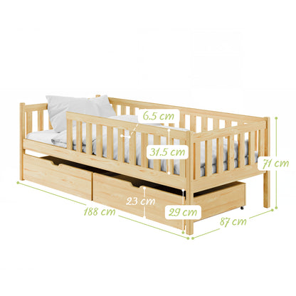 Kinderbett mit Rausfallschutz, Lattenrost und optionaler Matratze, Kinder Bett | sicher & stabil | weitere Größen: 80x160, 80x180, 90x190, 90x200 cm | erhältlich in weiß und natur | mit optionalem Ausziehbett und optionalem zwei Schubladen