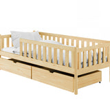 Kinderbett mit Rausfallschutz, Lattenrost und optionaler Matratze, Kinder Bett | sicher & stabil | weitere Größen: 80x160, 80x180, 90x190, 90x200 cm | erhältlich in weiß und natur | mit optionalem Ausziehbett und zwei optionalen Schubladen