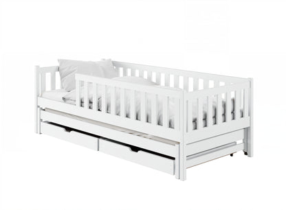Kinderbett mit Rausfallschutz, Lattenrost und optionaler Matratze, Kinder Bett | sicher & stabil | weitere Größen: 80x160, 80x180, 90x190, 90x200 cm | erhältlich in weiß und natur | mit optionalem Ausziehbett und optionalem zwei Schubladen