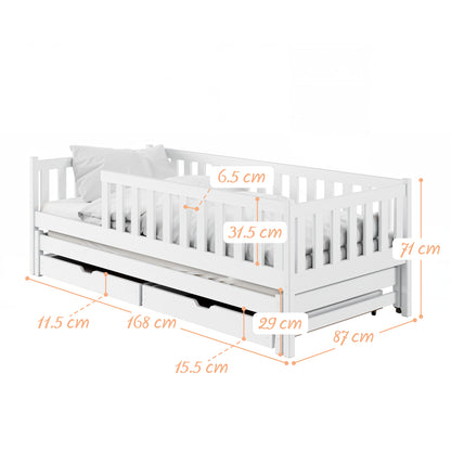 Kinderbett mit Rausfallschutz, Lattenrost und optionaler Matratze, Kinder Bett | sicher & stabil | weitere Größen: 80x160, 80x180, 90x190, 90x200 cm | erhältlich in weiß und natur | mit optionalem Ausziehbett und optionalem zwei Schubladen