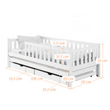 Kinderbett mit Rausfallschutz, Lattenrost und optionaler Matratze, Kinder Bett | sicher & stabil | weitere Größen: 80x160, 80x180, 90x190, 90x200 cm | erhältlich in weiß und natur | mit optionalem Ausziehbett und zwei optionalen Schubladen