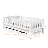 Kinderbett mit Rausfallschutz, Lattenrost und optionaler Matratze, Kinder Bett | sicher & stabil | weitere Größen: 80x160, 80x180, 90x190, 90x200 cm | erhältlich in weiß und natur | mit optionalem Ausziehbett und zwei optionalen Schubladen