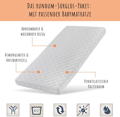 Kinderbett mit Rausfallschutz, Lattenrost und optionaler Matratze, Kinder Bett | sicher & stabil | weitere Größen: 80x160, 80x180, 90x190, 90x200 cm | erhältlich in weiß und natur | mit optionalem Ausziehbett und optionalem zwei Schubladen