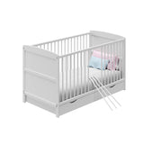 Babybett 60x120 und 70x140 cm mit Schublade und Matratzenoption, Gitterbett, Kinderbett, höhenverstellbar, herausnehmbare Sprossen | Weiß