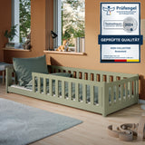 Kinderbett Bodenbett 80x160 | 80x180 | 90x190 | 90x200 | 120x200 | 140x200 cm Bett mit Rausfallschutz & Lattenrost Montessori Bett Gitterbett Kinder Jugendbett Einzelbett optional mit Matratze | Kiefer Holz massiv Junge Mädchen