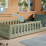 Kinderbett Bodenbett 80x160 | 80x180 | 90x190 | 90x200 | 120x200 | 140x200 cm Bett mit Rausfallschutz & Lattenrost Montessori Bett Gitterbett Kinder Jugendbett Einzelbett optional mit Matratze | Kiefer Holz massiv Junge Mädchen