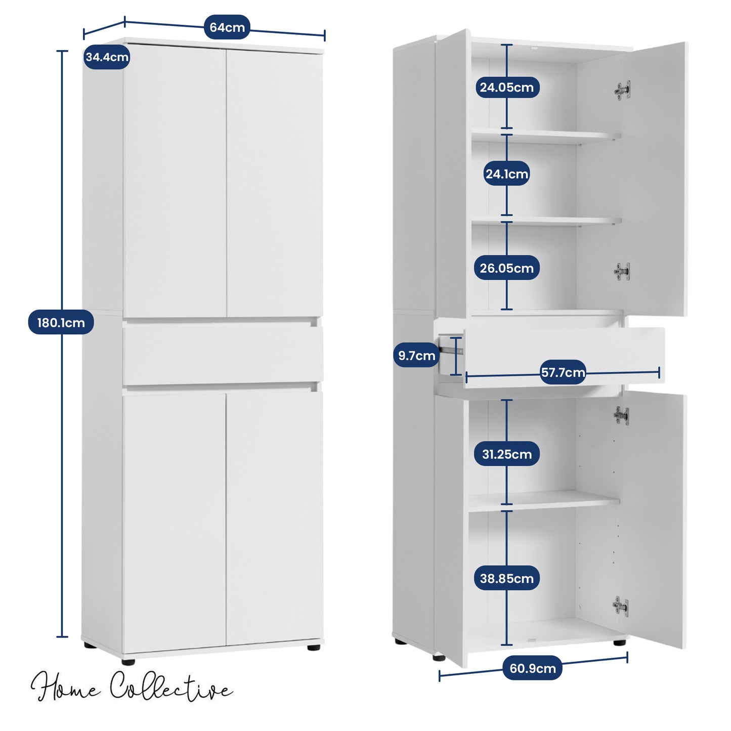 Schrank 60 cm breit mit 4 Türen & Schublade | Vielseitiger Aufbewahrungsschrank Mehrzweckschrank mit 3 Einlegeböden | Schmaler Schrank für Haushalt, Büro, Flur, Schlafzimmer | 64x34x180 cm (BxTxH) | Weiß