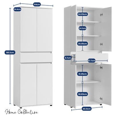 Schrank 60 cm breit mit 4 Türen & Schublade | Vielseitiger Aufbewahrungsschrank Mehrzweckschrank mit 3 Einlegeböden | Schmaler Schrank für Haushalt, Büro, Flur, Schlafzimmer | 64x34x180 cm (BxTxH) | Weiß