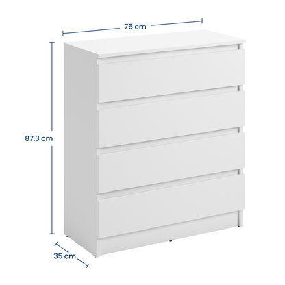 Kommode 76cm breit mit 4 Schubladen Kommode weiß schmal Holz Schrank Kommode mit Schubladen Sideboard Highboard Anrichte Schlafzimmer Wohnzimmer Flur Büro Organizer Breite 76 cm Höhe 87 cm