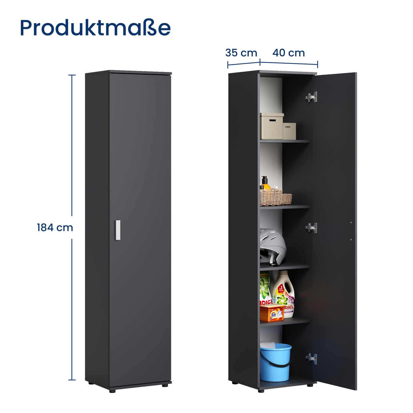 Schmaler Mehrzweckschrank 40 cm breit mit 1 Tür & 4 Einlegeböden | Universalschrank Haushaltsschrank für Haushalt, Flur, Büro oder Schlafzimmer | 40x35x184 cm (BxTxH)