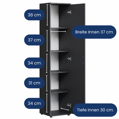 Schmaler Mehrzweckschrank 40 cm breit mit 1 Tür & 4 Einlegeböden | Universalschrank Haushaltsschrank für Haushalt, Flur, Büro oder Schlafzimmer | 40x35x184 cm (BxTxH)