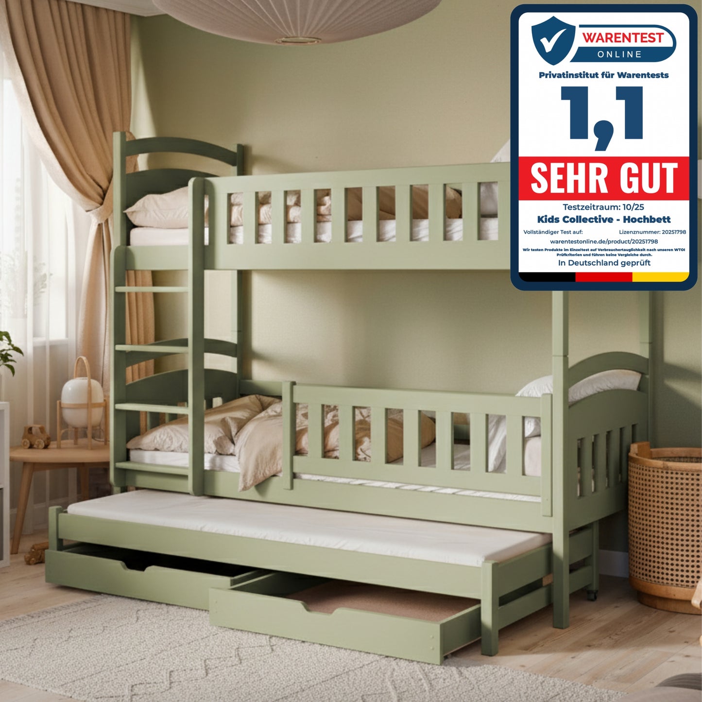 Hochbett 90x200 Etagenbett Kinderbett Jugendbett Stockbett 3 Kinder, zwei Schubladen & Rausfallschutz Kinder Bett umbaubar in 3 Einzelbetten | von 4. bis 16. Lebensjahr | inkl. Lattenrosten