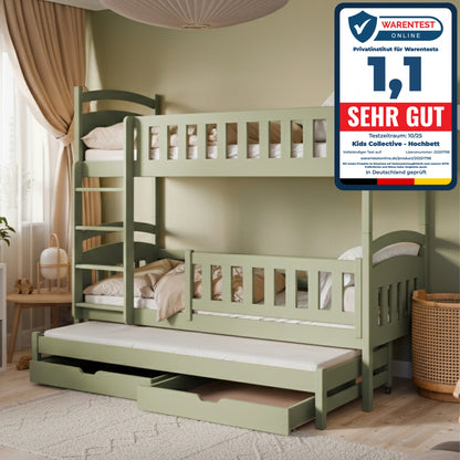 Hochbett 90x200 Etagenbett Kinderbett Jugendbett Stockbett 3 Kinder, zwei Schubladen & Rausfallschutz Kinder Bett umbaubar in 3 Einzelbetten | von 4. bis 16. Lebensjahr | inkl. Lattenrosten