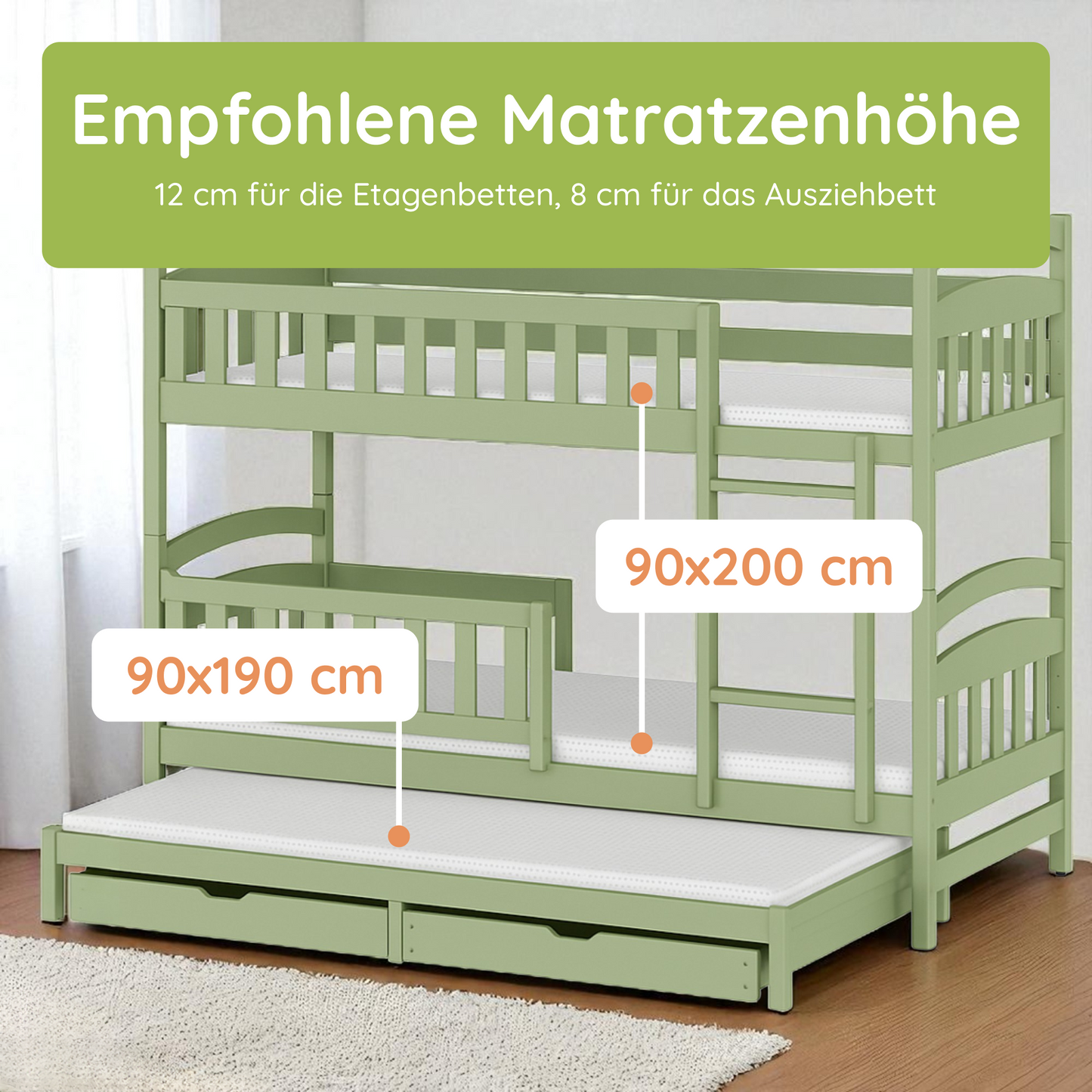 Lit mezzanine / lit superposé 90x200 cm avec lit gigogne et deux tiroirs 