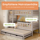 Hochbett 90x200 Etagenbett Kinderbett Jugendbett Stockbett 3 Kinder, zwei Schubladen & Rausfallschutz Kinder Bett umbaubar in 3 Einzelbetten | von 4. bis 16. Lebensjahr | inkl. Lattenrosten