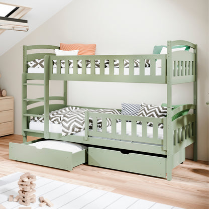 Hochbett 90x200 cm Etagenbett mit zwei Schubladen, Lattenrost, Rausfallschutz, umbaubar in zwei Einzelbetten, aus Vollholz massiv, Funktionsbett