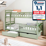 Hochbett 90x200 cm Etagenbett mit zwei Schubladen, Lattenrost, Rausfallschutz, umbaubar in zwei Einzelbetten, aus Vollholz massiv, Funktionsbett