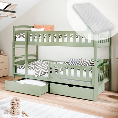 Hochbett 90x200 cm Etagenbett mit zwei Schubladen, Lattenrost, Rausfallschutz, umbaubar in zwei Einzelbetten, aus Vollholz massiv, Funktionsbett
