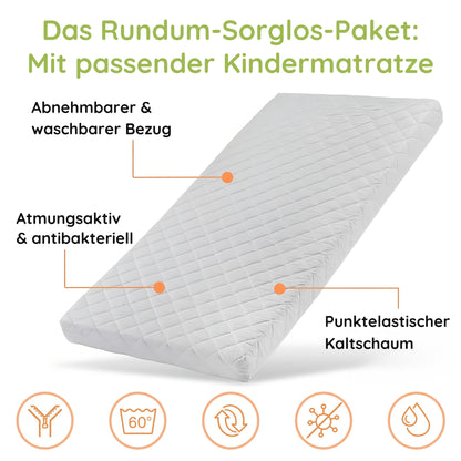 Hochbett 90x200 cm Etagenbett mit zwei Schubladen, Lattenrost, Rausfallschutz, umbaubar in zwei Einzelbetten, aus Vollholz massiv, Funktionsbett