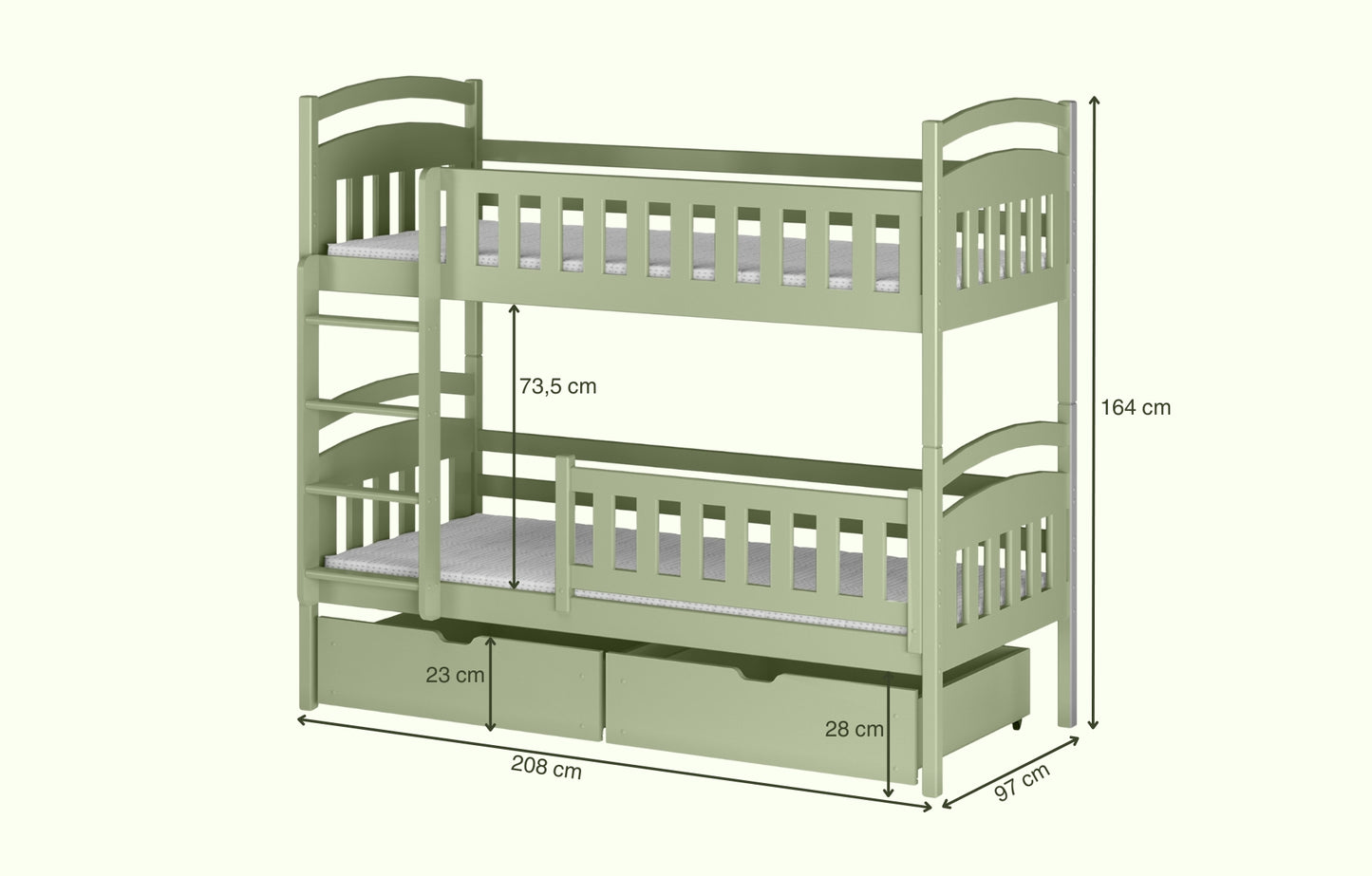 Hochbett 90x200 cm Etagenbett mit zwei Schubladen, Lattenrost, Rausfallschutz, umbaubar in zwei Einzelbetten, aus Vollholz massiv, Funktionsbett