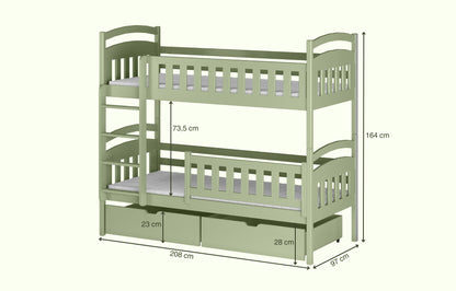 Hochbett 90x200 cm Etagenbett mit zwei Schubladen, Lattenrost, Rausfallschutz, umbaubar in zwei Einzelbetten, aus Vollholz massiv, Funktionsbett