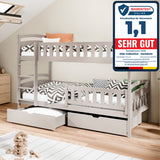 Hochbett 90x200 cm Etagenbett mit zwei Schubladen, Lattenrost, Rausfallschutz, umbaubar in zwei Einzelbetten, aus Vollholz massiv, Funktionsbett