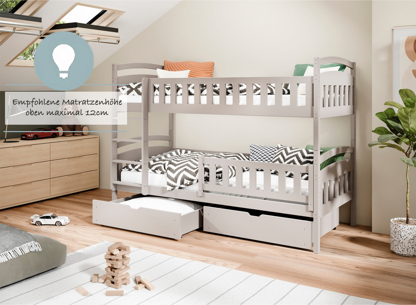 Hochbett 90x200 cm Etagenbett mit zwei Schubladen, Lattenrost, Rausfallschutz, umbaubar in zwei Einzelbetten, aus Vollholz massiv, Funktionsbett