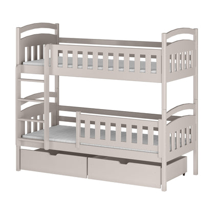 Hochbett 90x200 cm Etagenbett mit zwei Schubladen, Lattenrost, Rausfallschutz, umbaubar in zwei Einzelbetten, aus Vollholz massiv, Funktionsbett