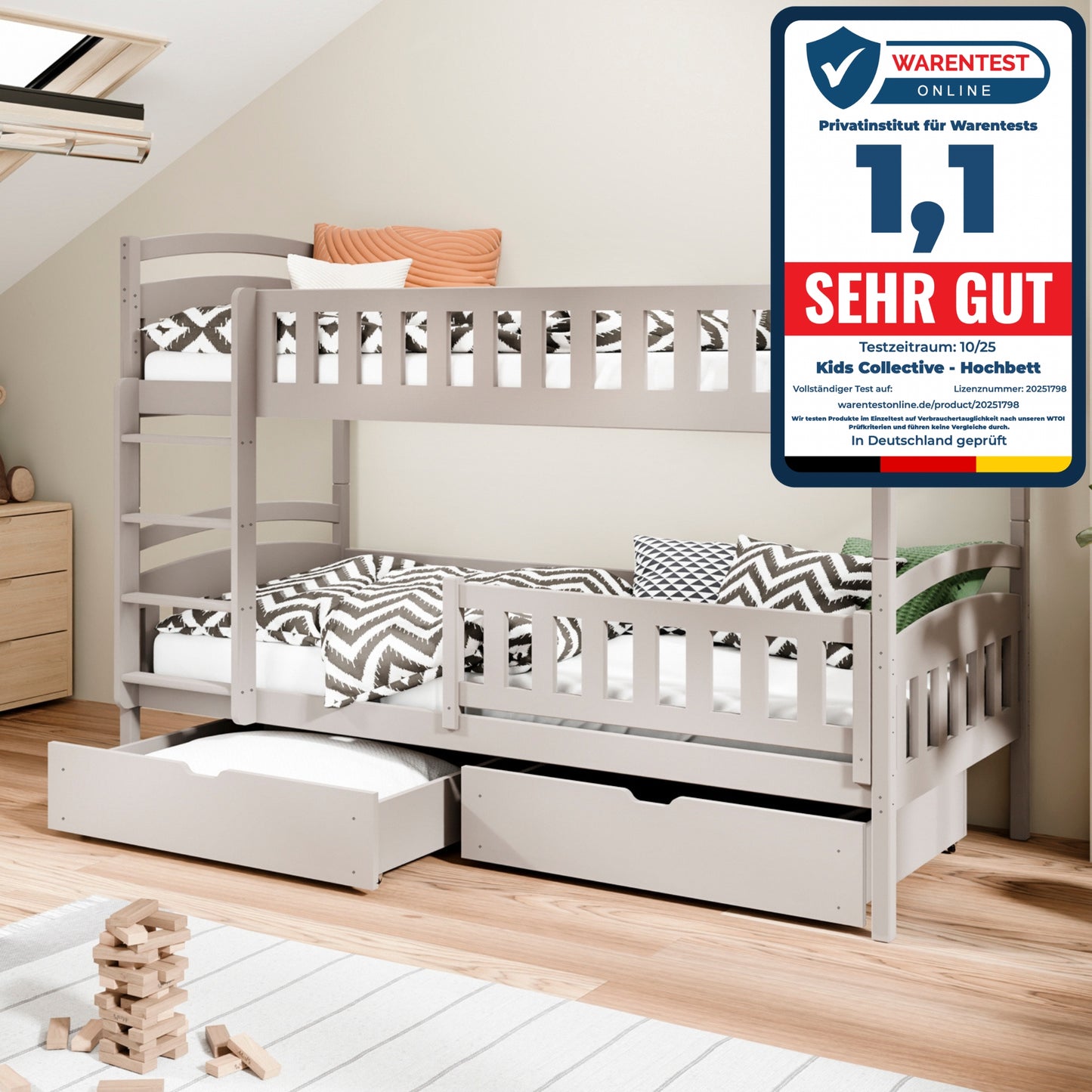 Hochbett 90x200 cm Etagenbett mit zwei Schubladen, Lattenrost, Rausfallschutz, umbaubar in zwei Einzelbetten, aus Vollholz massiv, Funktionsbett