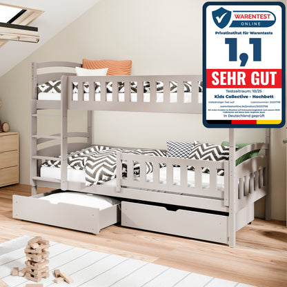 Hochbett 90x200 cm Etagenbett mit zwei Schubladen, Lattenrost, Rausfallschutz, umbaubar in zwei Einzelbetten, aus Vollholz massiv, Funktionsbett