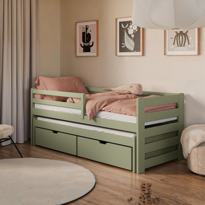 Einzelbett 90x200 cm mit Rausziehbett 90x190 cm mit zwei Matratzen (optional) und zwei Schubladen, Rausfallschutz und Lattenrosten, Vollholz massiv in weiss, Kinderbett Funktionsbett