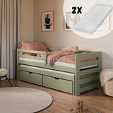 Einzelbett 90x200 cm mit Rausziehbett 90x190 cm mit zwei Matratzen (optional) und zwei Schubladen, Rausfallschutz und Lattenrosten, Vollholz massiv, Kinderbett Funktionsbett