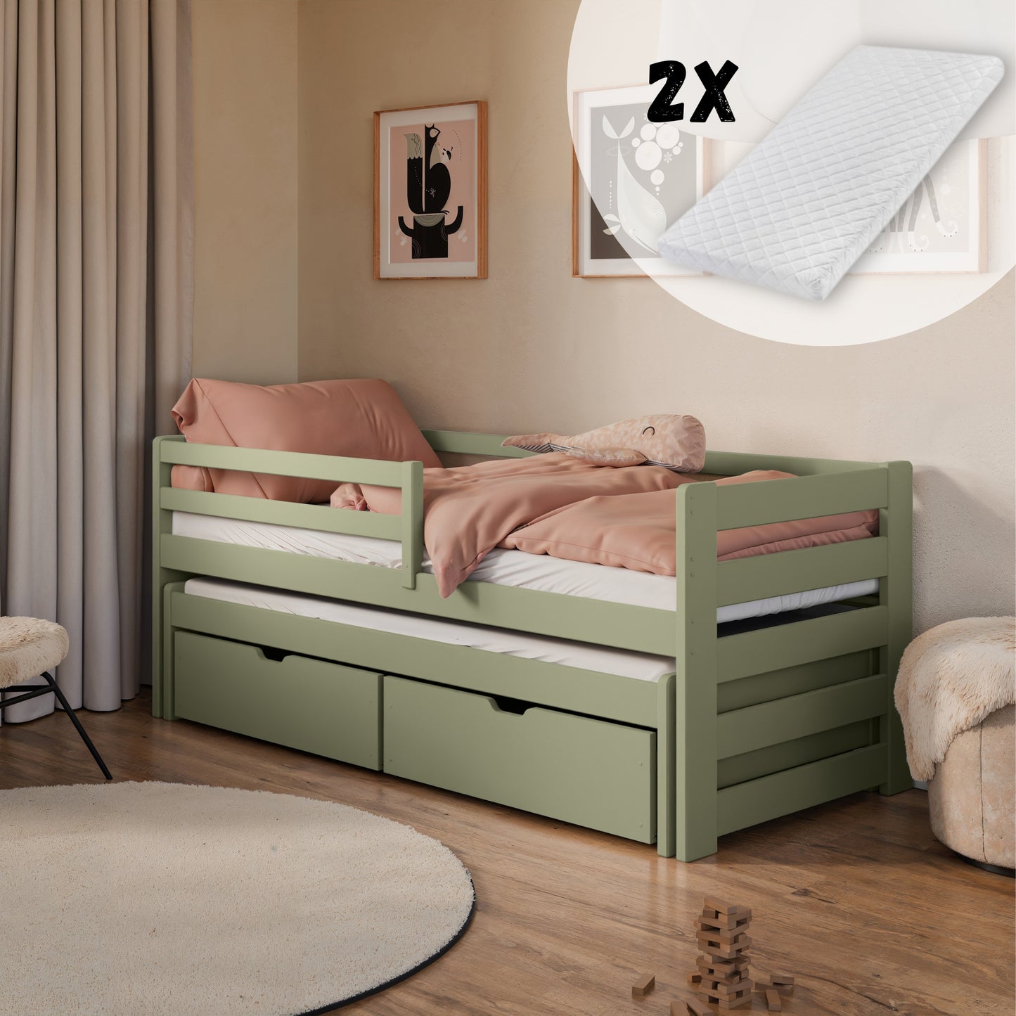 Einzelbett 90x200 cm mit Rausziehbett 90x190 cm mit zwei Matratzen (optional) und zwei Schubladen, Rausfallschutz und Lattenrosten, Vollholz massiv in weiss, Kinderbett Funktionsbett