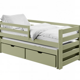 Einzelbett 90x200 cm mit Rausziehbett 90x190 cm mit zwei Matratzen (optional) und zwei Schubladen, Rausfallschutz und Lattenrosten, Vollholz massiv, Kinderbett Funktionsbett