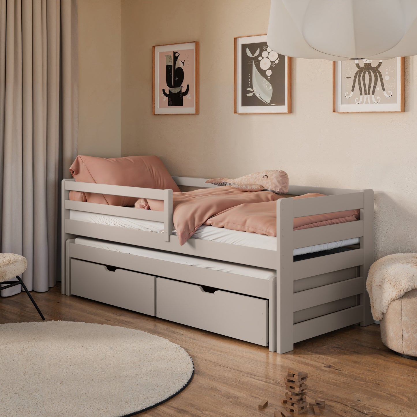 Einzelbett 90x200 cm mit Rausziehbett 90x190 cm mit zwei Matratzen (optional) und zwei Schubladen, Rausfallschutz und Lattenrosten, Vollholz massiv in weiss, Kinderbett Funktionsbett