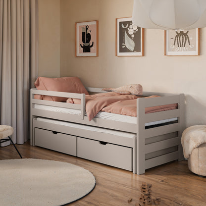 Einzelbett 90x200 cm mit Rausziehbett 90x190 cm mit zwei Matratzen (optional) und zwei Schubladen, Rausfallschutz und Lattenrosten, Vollholz massiv in weiss, Kinderbett Funktionsbett