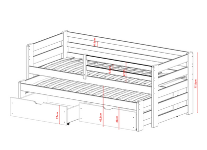 Einzelbett 90x200 cm mit Rausziehbett 90x190 cm mit zwei Matratzen (optional) und zwei Schubladen, Rausfallschutz und Lattenrosten, Vollholz massiv in weiss, Kinderbett Funktionsbett
